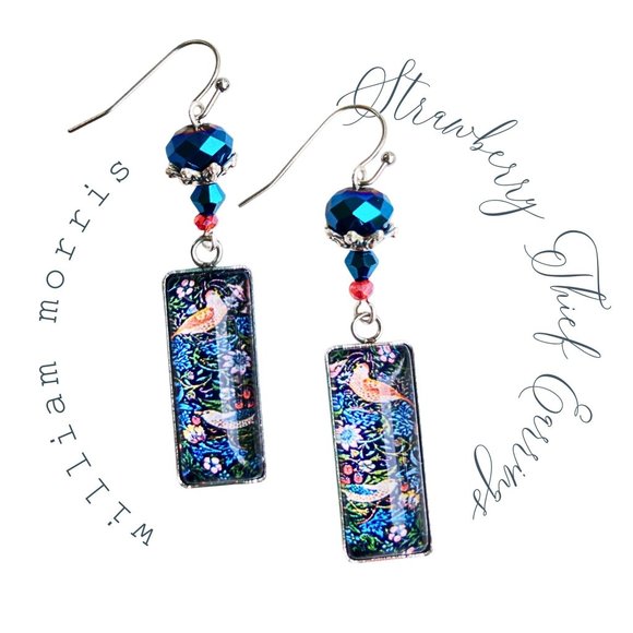 William Morris Bird Strawberry Thief Art Nouveau Blue Cabochon Handmade Earrings - Picture 3 of 8